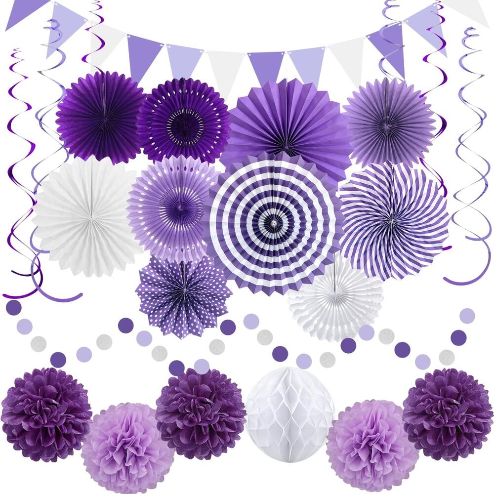 Purple White Party Decorations Set Birthday Wedding Baby Shower Paper Fans Poms